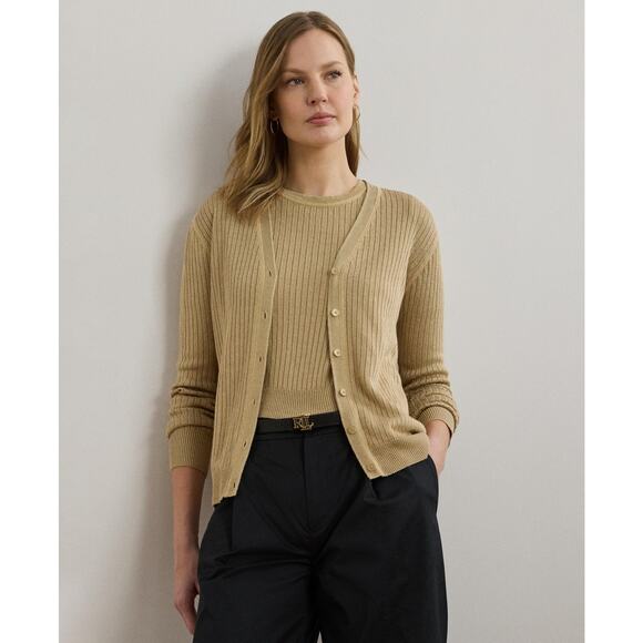 Lauren Ralph Lauren Sweaters - Lauren Ralph Lauren Women's Rib-Knit Linen-Blend V-Neck Cardigan Tan Size S 2091